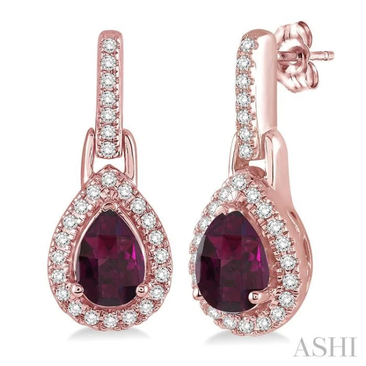 Ladies drop earrings-6x4 MM Pear Shape Rhodolite Garnet and 1/5 Ctw Round Cut Diamond Earrings in 10K Rose Gold