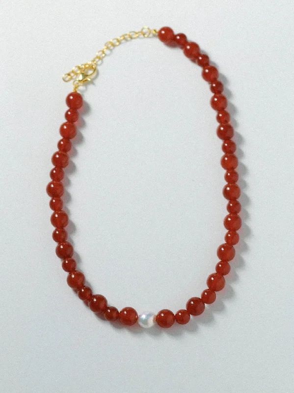 Ladies charm pendant necklace-Baroque Pearl Red  Agate Necklace