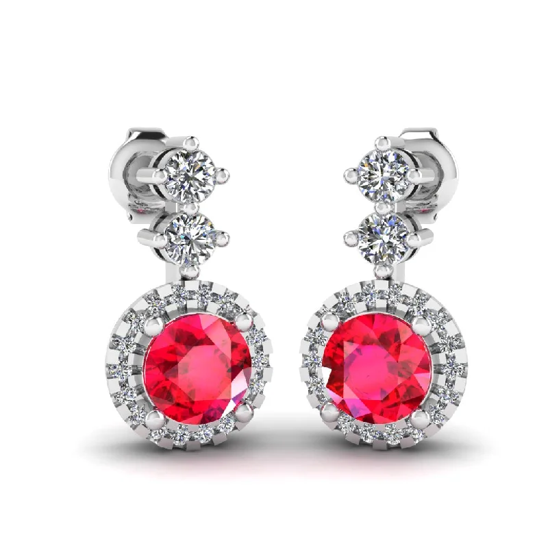 Ladies classic gold earrings-Ruby 1.10 Carat Round Shape Halo Lab Grown Diamond Drop Earrings E1RBR