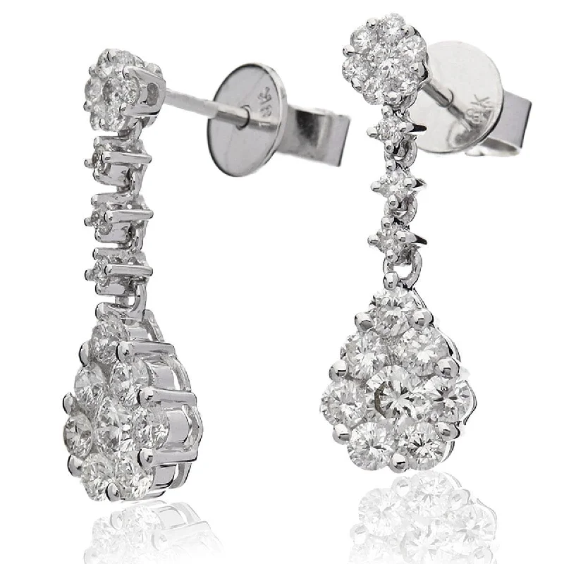 Ladies tassel earrings-DIAMOND CLUSTER DROP EARRINGS IN 18K WHITE GOLD