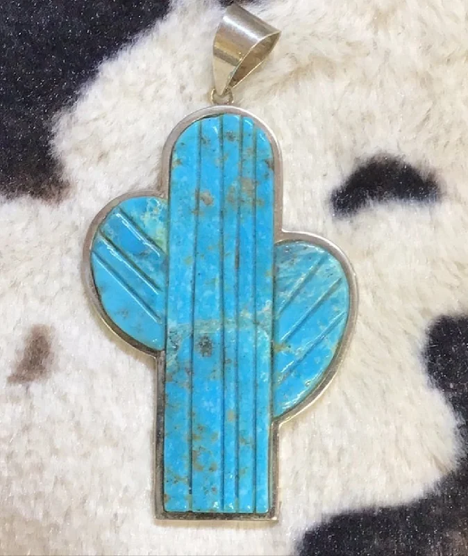 Ladies minimalist pendant necklace-Large Turquoise Cactus Pendant