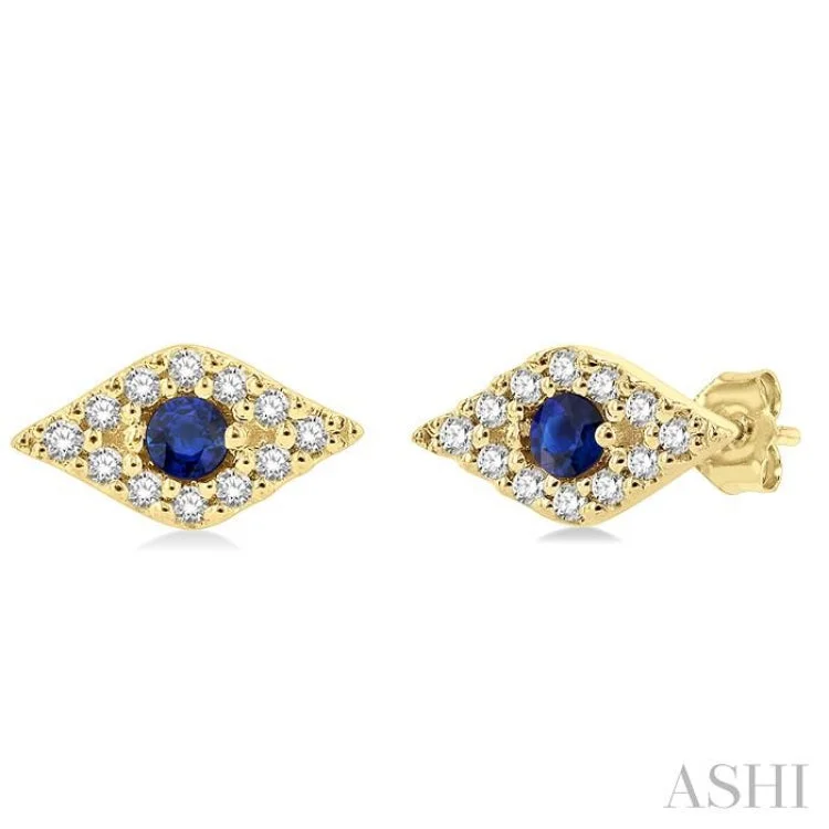 Ladies birthstone drop earrings-1/10 Ctw Evil Eye Round Cut Diamond & 2.0MM Round Cut Sapphire Precious Petite Fashion Earring in 10K Yellow Gold