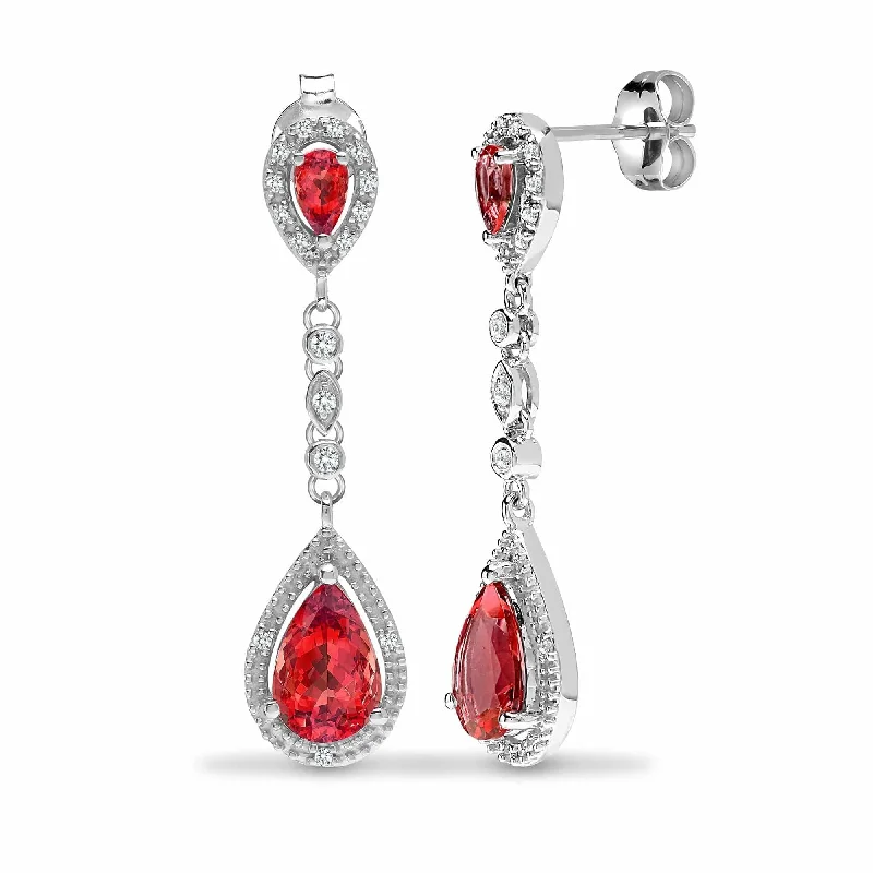 Ladies dangle earrings-GARNET DROP EARRINGS IN 9K WHITE GOLD