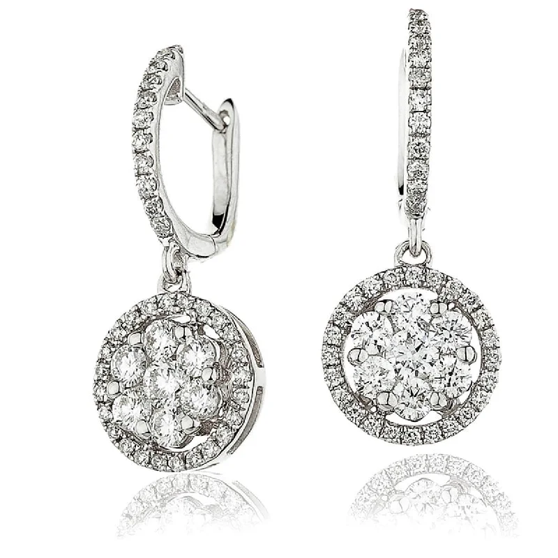 Ladies flower-shaped earrings-DIAMOND CLUSTER HALO DROP HOOP EARRING IN 18K WHITE GOLD