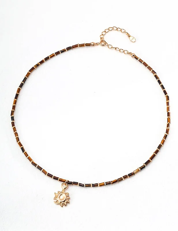 Ladies gold chain necklace-Sunflower Pendant Tiger's Eye Necklace