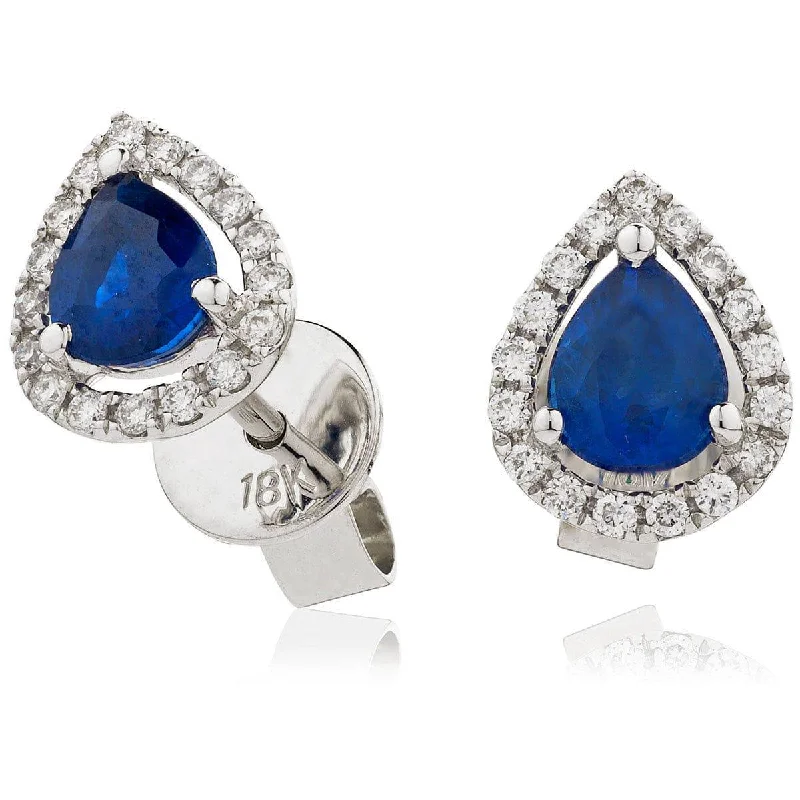 Ladies multi-stone earrings-SAPPHIRE HALO STUD EARRINGS