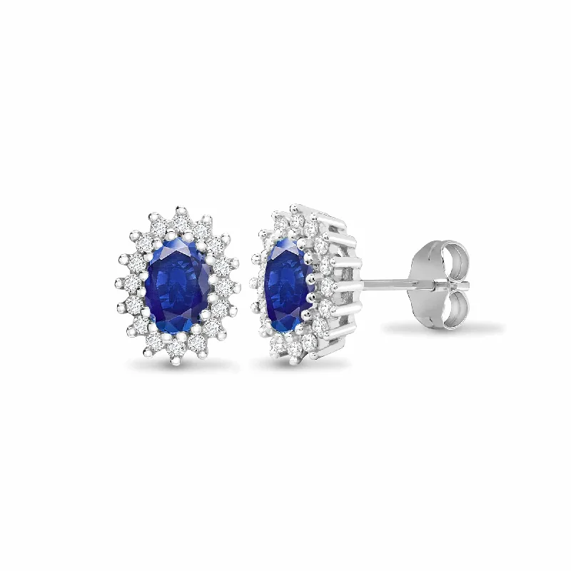 Ladies clip-on diamond earrings-SAPPHIRE HALO STUD EARRINGS IN 9K WHITE GOLD