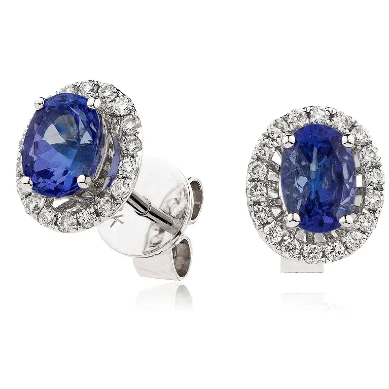 Ladies glamorous diamond earrings-SAPPHIRE HALO STUD EARRINGS