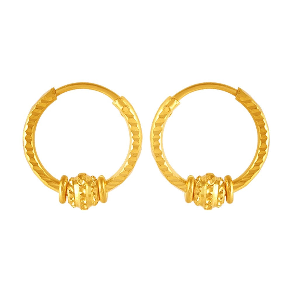 Ladies sparkling earrings-22KT (916) Yellow Gold Carved Hoop Earrings And Unique Bead Design