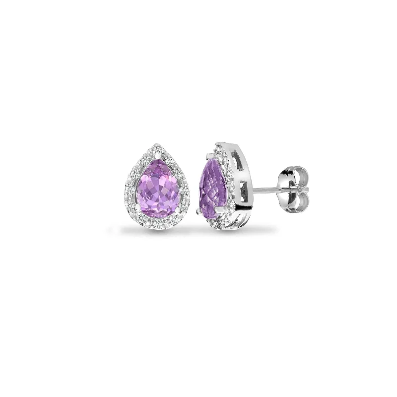 Ladies tassel earrings-Amethyst Halo Stud Earrings in 9K White Gold