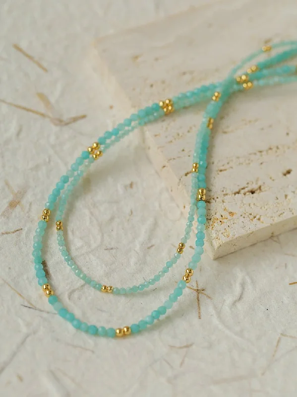 Ladies sapphire necklace-Amazonite and Gold Bean Beaded Necklace