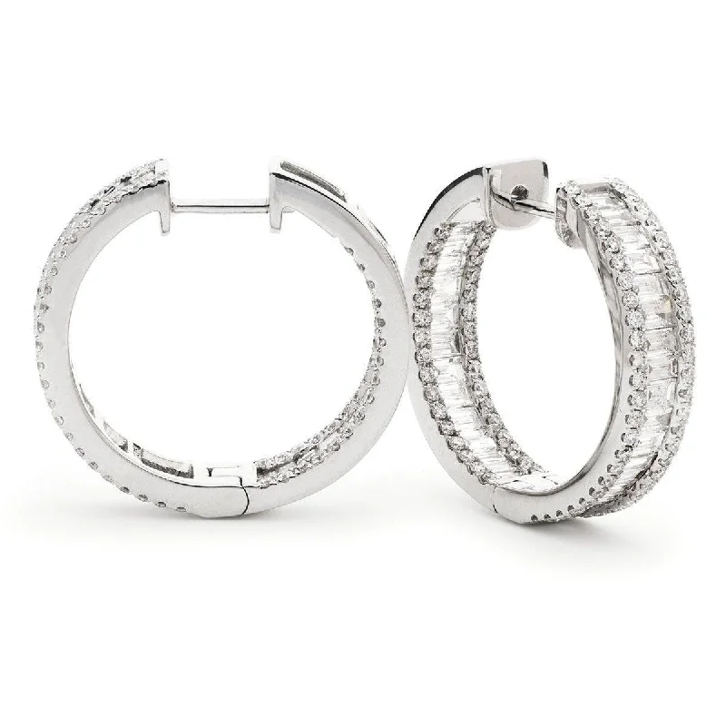 Ladies chic stud earrings-ROUND AND BAGUETTE CUT DIAMOND HOOP EARRINGS IN 18K WHITE GOLD