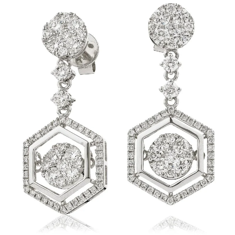 Ladies gold dangle earrings-DIAMOND FANCY MOVEABLE EARRINGS IN 18K WHITE GOLD