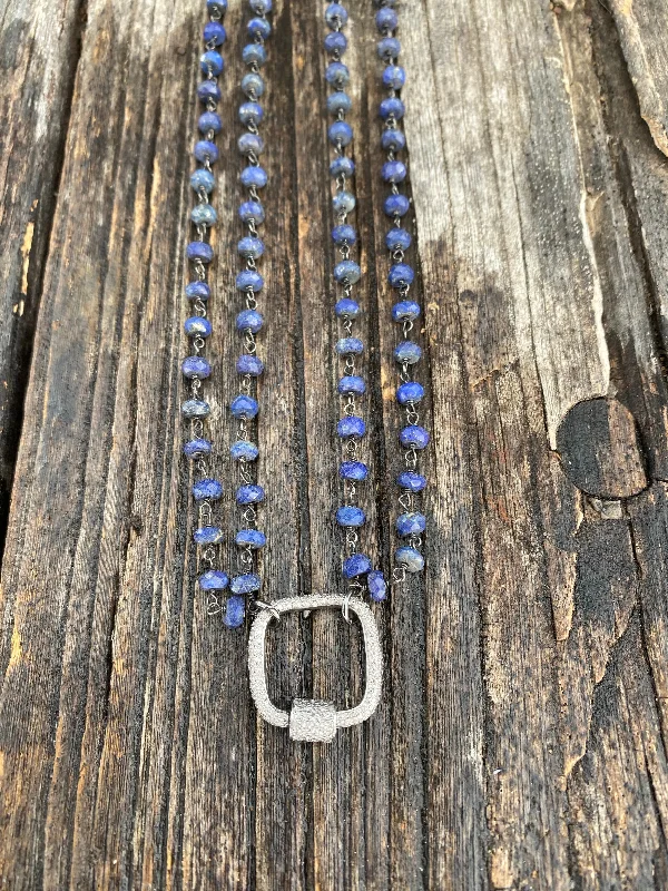 Ladies infinity necklace-Double Strand Lapis Beaded Necklace with Pave Diamond Square Clasp