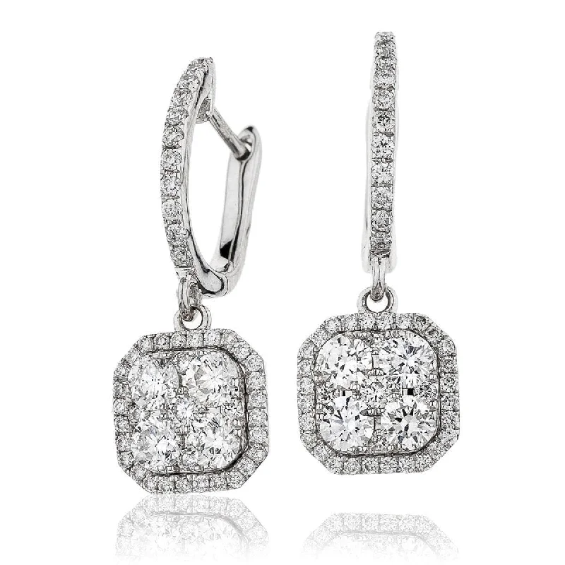 Ladies gemstone stud earrings-DIAMOND CLUSTER AND HALO DROP EARRINGS IN 18K WHITE GOLD