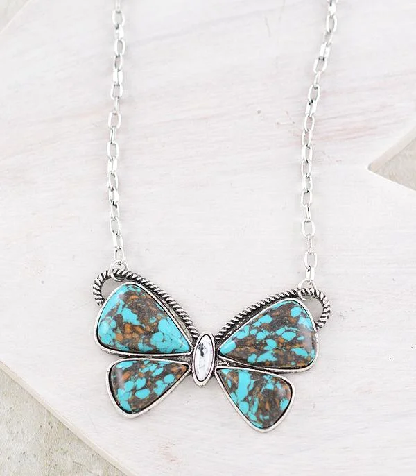 Ladies engraved necklace-Western Turquoise Butterfly Necklace