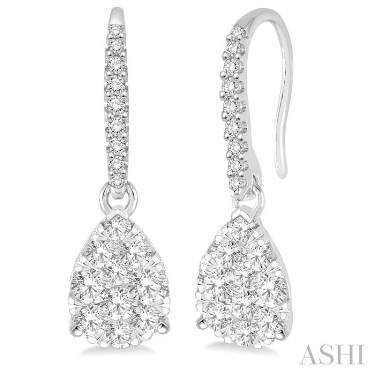 Ladies engagement earrings-3/4 Ctw Pear Shape Diamond Lovebright Earrings in 14K White Gold