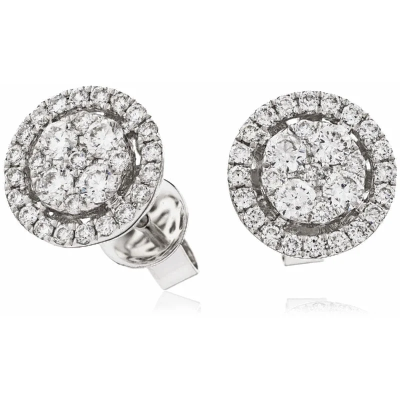 Ladies gold earrings-DIAMOND CLUSTER AND HALO STUD EARRINGS