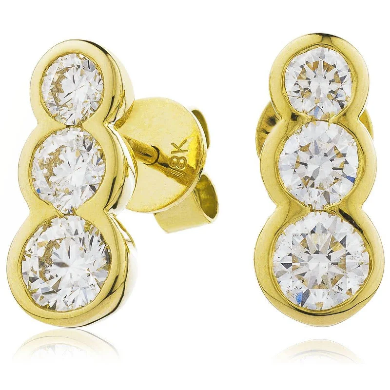 Ladies 3-stone earrings-DIAMOND THREE STONE DROP EARRINGS IN 18K YELLOW GOLD