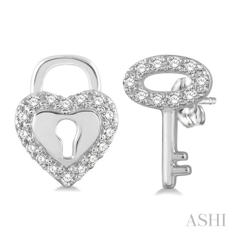 Ladies tassel earrings-1/6 Ctw Heart Lock & Key Charm Round Cut Diamond Earrings in 10K White Gold