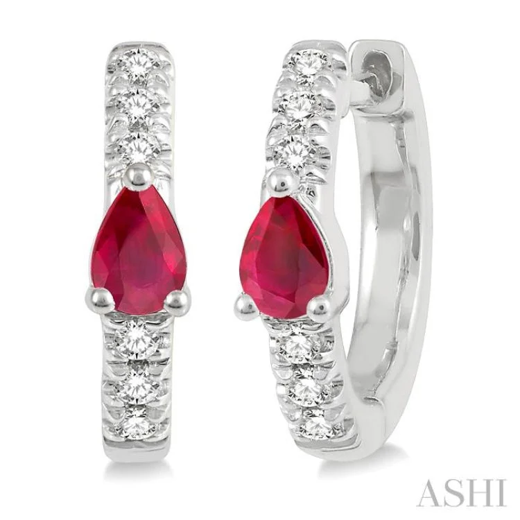 Ladies vintage-inspired earrings-1/10 Ctw 4X3MM Pear Cut Ruby and Round Cut Diamond Huggie Earrings in 10K White Gold