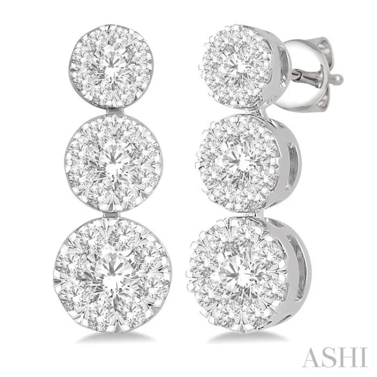 Ladies silver earrings-3/4 ctw Hanging Triple Mount Lovebright Round Cut Diamond Earring in 14K White Gold