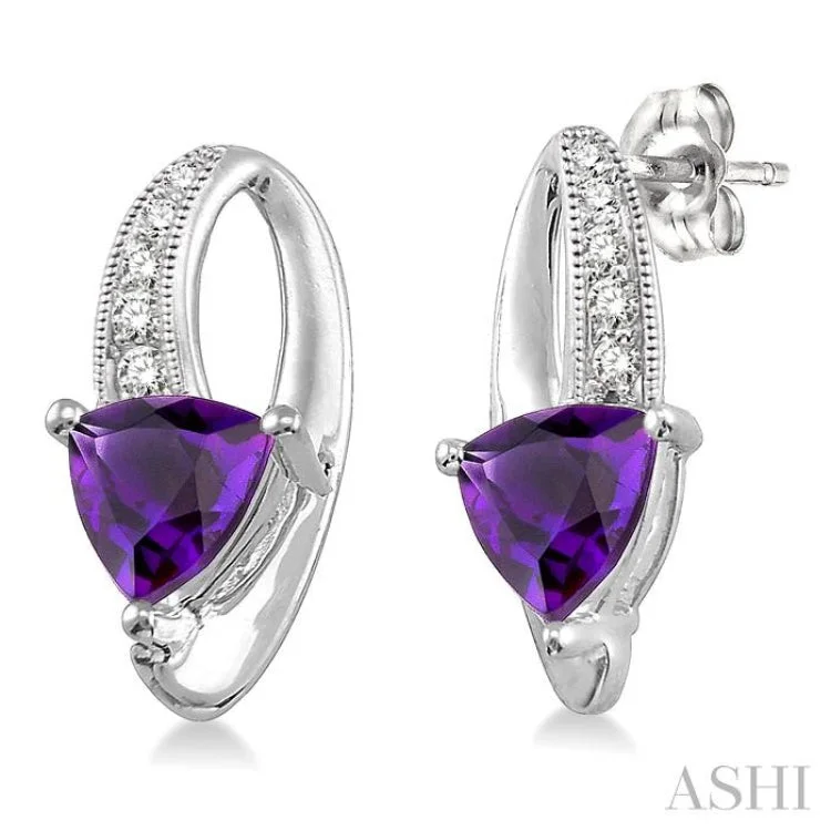 Ladies fashion earrings-6x6mm Trillion Cut Amethyst and 1/20 Ctw Single Cut Diamond Earrings in 10K White Gold