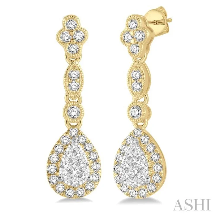 Ladies chandelier earrings-5/8 ctw Pear Shape Halo Lovebright Round Cut Diamond Earrings in 14K Yellow and White Gold