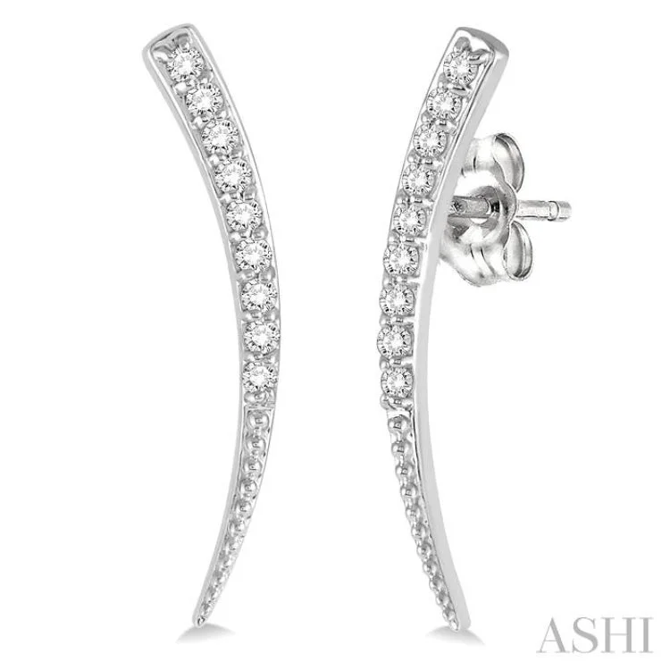 Ladies round diamond earrings-1/5 Ctw Pointed End Arc Climbers Round Cut Diamond Earrings in 14K White Gold