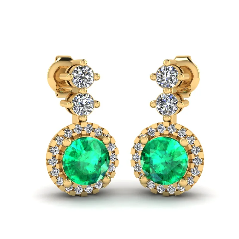 Ladies chandelier diamond earrings-Emerald 1.10 Carat Round Shape Halo Lab Grown Diamond Drop Earrings E1RBE