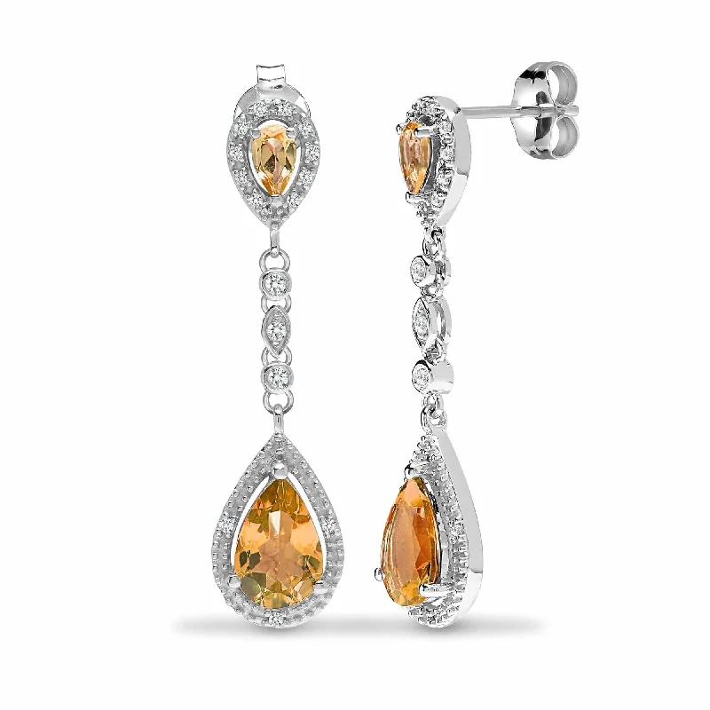 Ladies luxury earrings-CITRINE DROP EARRINGS IN 9K WHITE GOLD