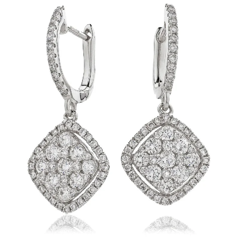 Ladies delicate drop earrings-DIAMOND CLUSTER AND HALO DROP EARRINGS IN 18K WHITE GOLD