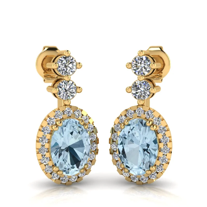 Ladies large hoop earrings-Aquamarine 1.40 Carat Oval Shape Halo Natural Diamond Drop Earrings E1OCA