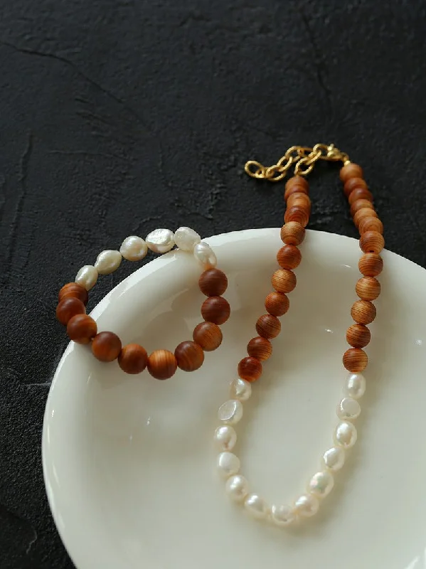 Ladies bridal necklace-Primeval Forest Nature's Wood Bead Pearl Necklace