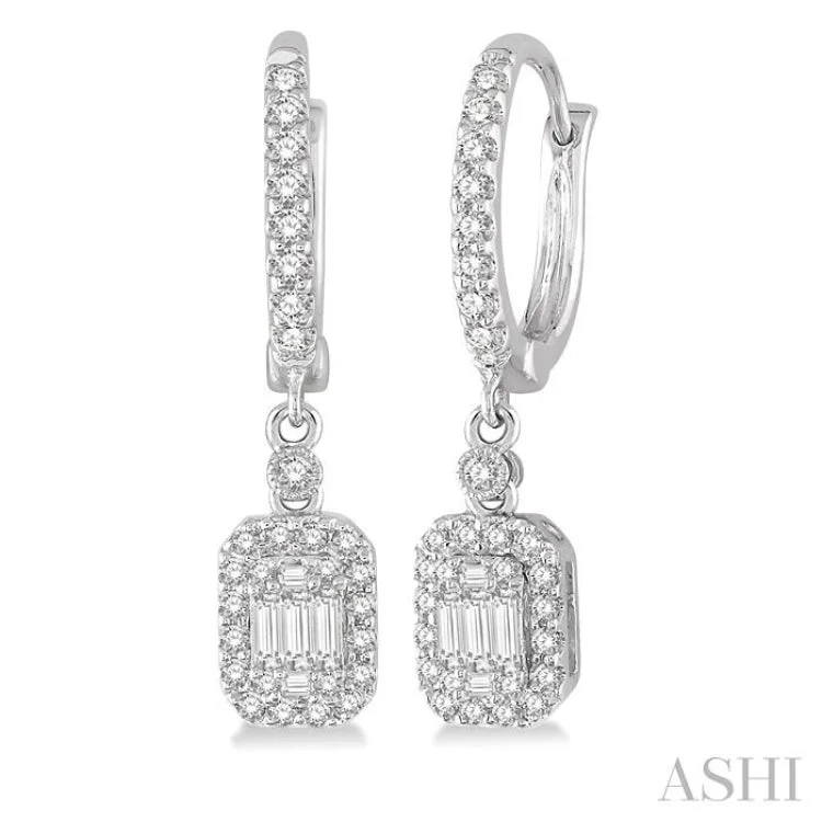 Ladies delicate earrings-1/2 Ctw Baguette & Round Cut Diamond Earrings in 14K White Gold