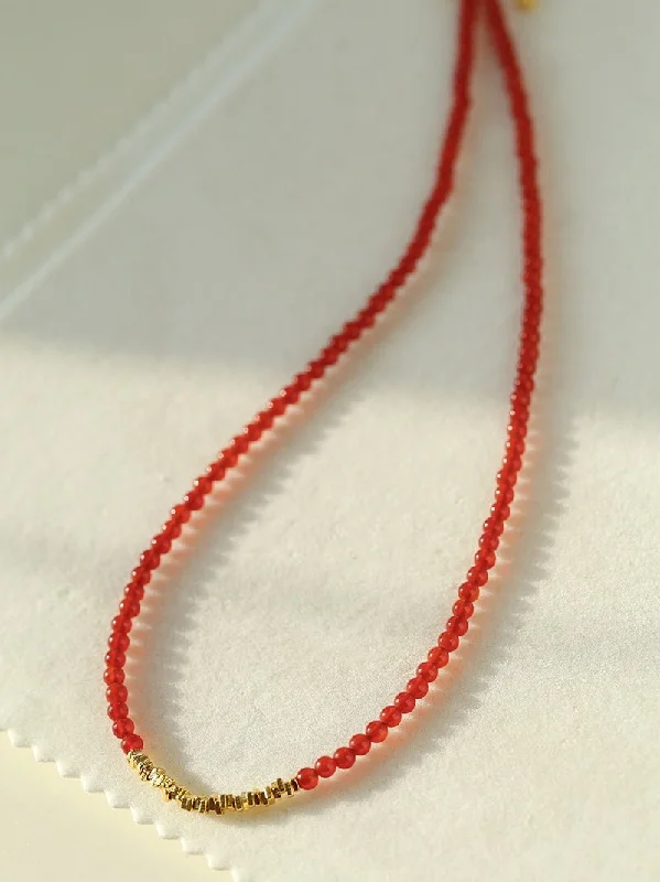 Ladies everyday necklace-Broken Gold Red  Agate Beaded Necklace