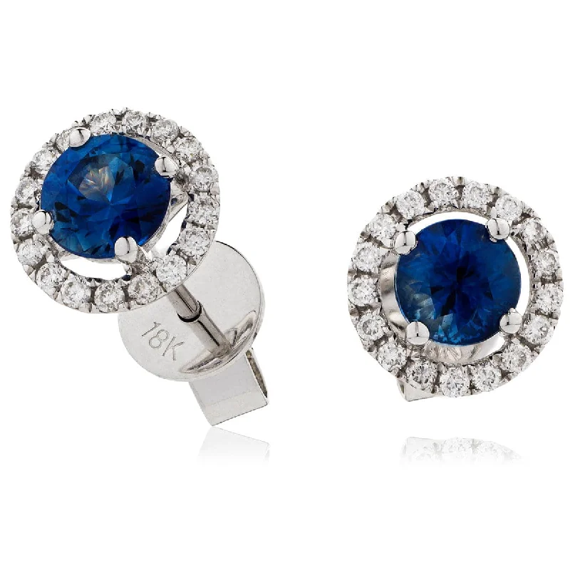 Ladies sophisticated earrings-SAPPHIRE HALO STUD EARRINGS