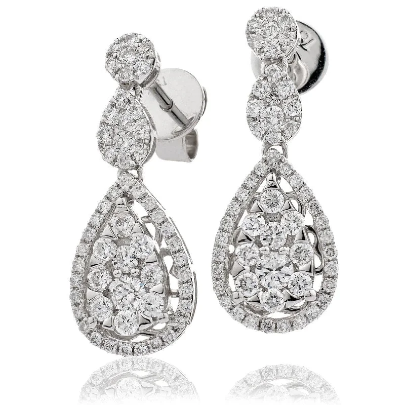 Ladies statement stud earrings-DIAMOND CLUSTER DROP EARRINGS IN 18K WHITE GOLD