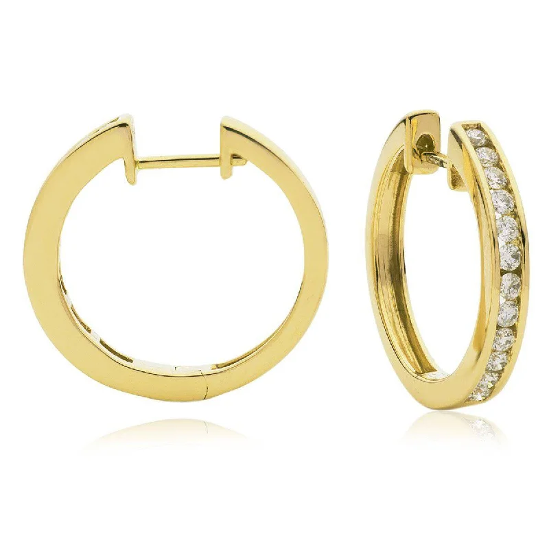 Ladies bridal stud earrings-DIAMOND CHANNEL SETTING HOOP EARRINGS IN 18K YELLOW GOLD