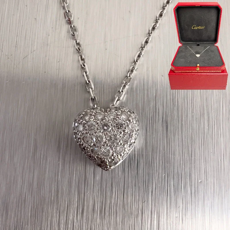 Ladies fine jewelry necklace-Cartier 18k White Gold Diamond Pave 10mm Heart Pendant Necklace 16" BOX & CERT