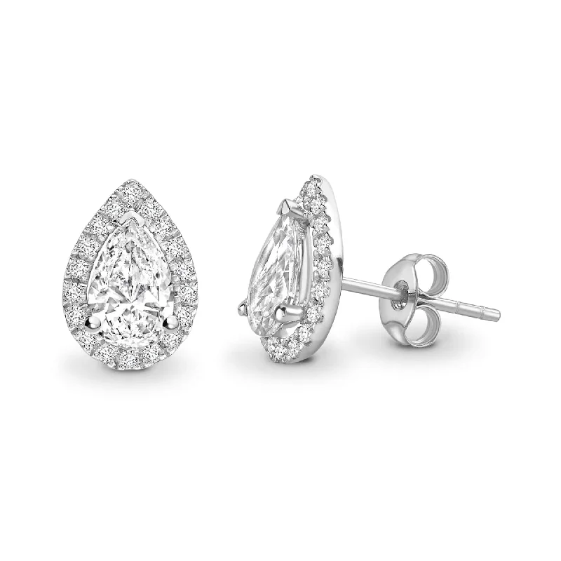 Ladies multi-layered earrings-PEAR DIAMOND HALO STUD EARRINGS