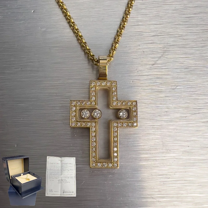 Ladies turquoise necklace-Chopard Happy Floating 3 Diamond Cross 750 18k Yellow Gold Necklace 24" 20.8g