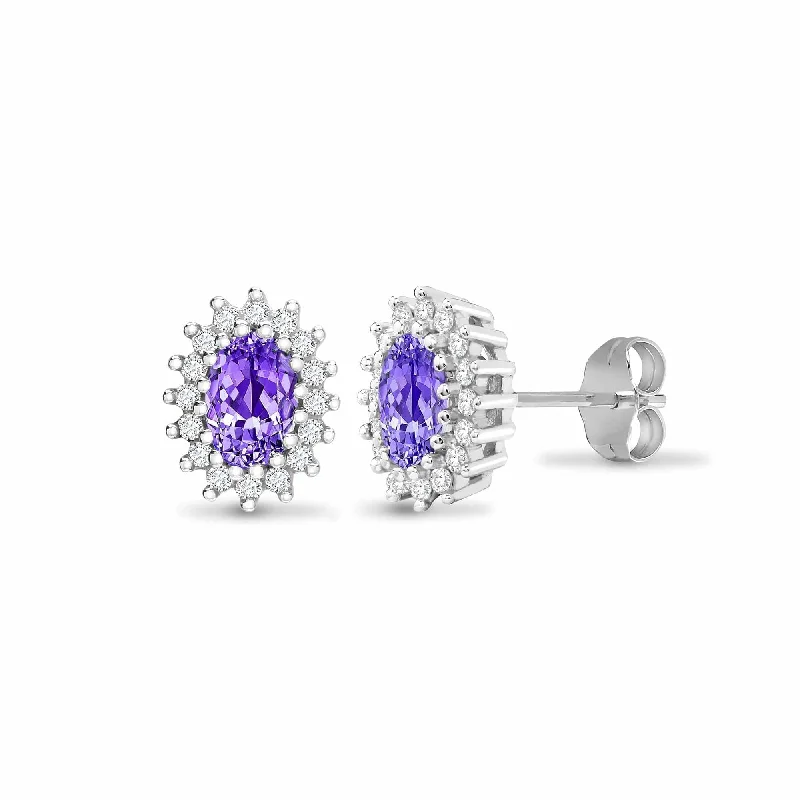 Ladies dangly hoop earrings-Amethyst Halo Stud Earrings in 9K White Gold