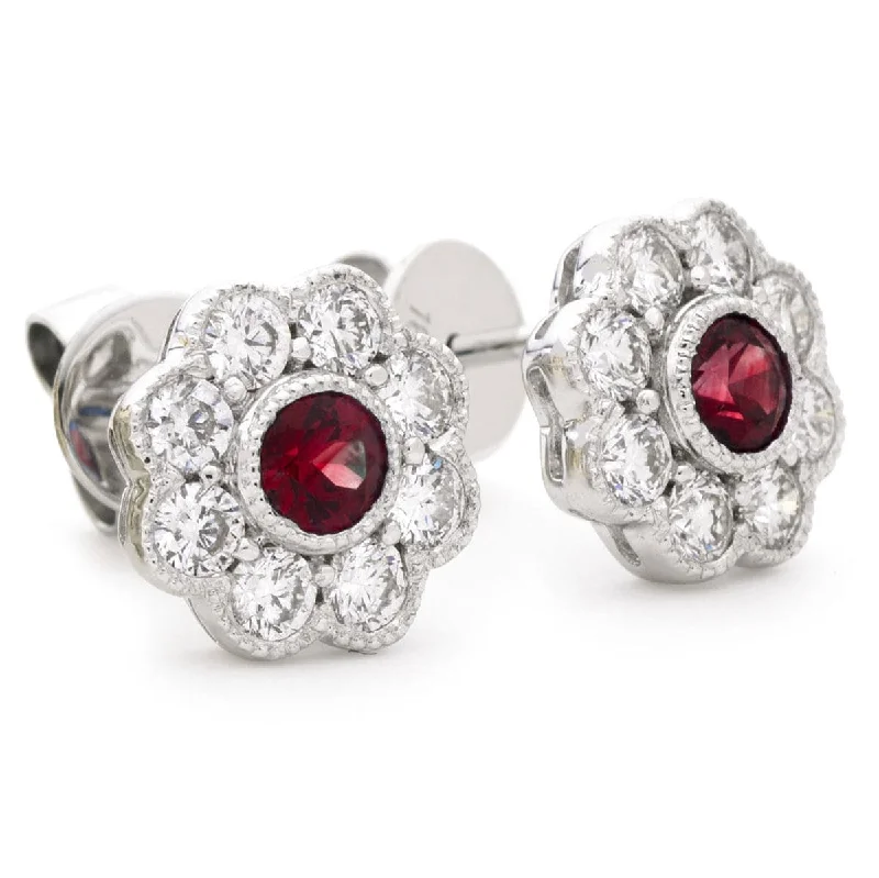 Ladies celestial earrings-RUBY FLOWER  HALO STUD EARRINGS