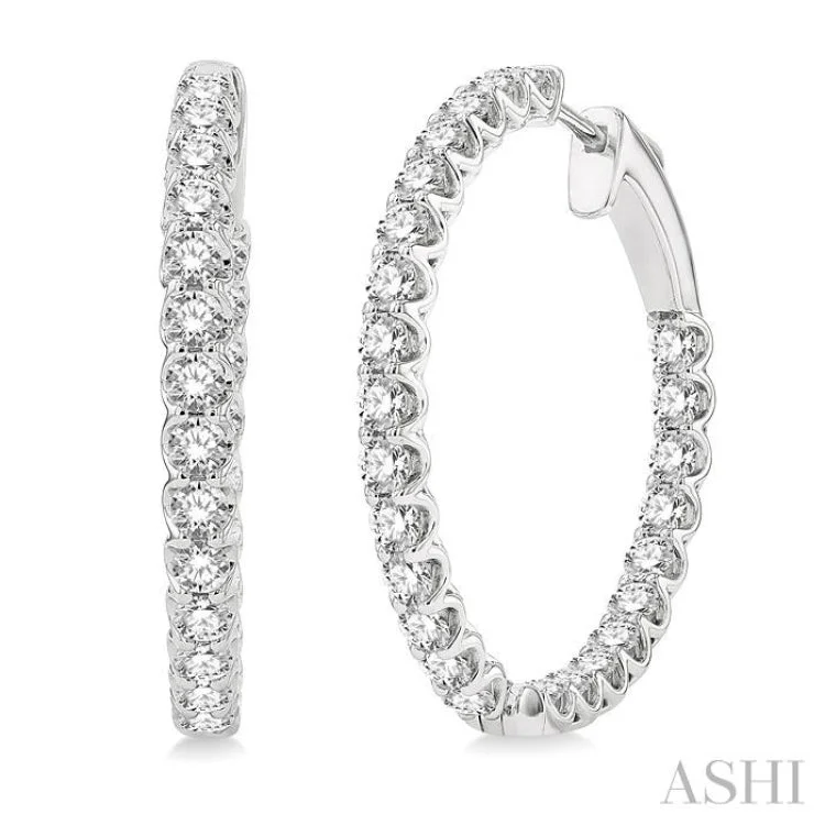 Ladies glamorous earrings-3 Ctw Inside-Out Round Cut Diamond Hoop Earrings in 14K White Gold