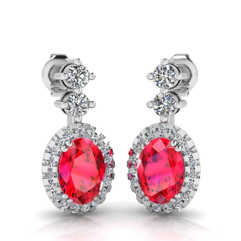 Ladies aquamarine earrings-Ruby 1.40 Carat Oval Shape Halo Lab Grown Diamond Drop Earrings E1OCR