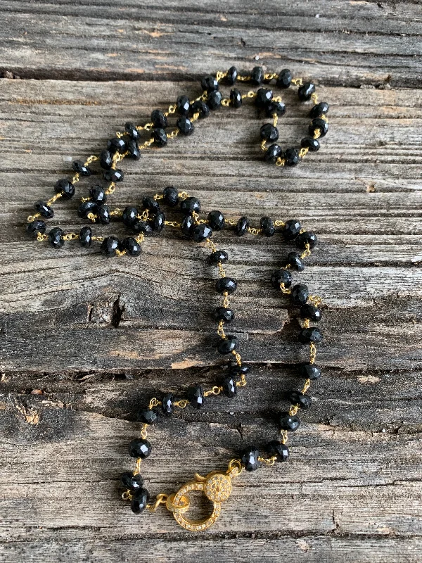 Ladies stylish pendant necklace-Black Spinel Beaded Necklace with Gold Pave Diamond Clasp