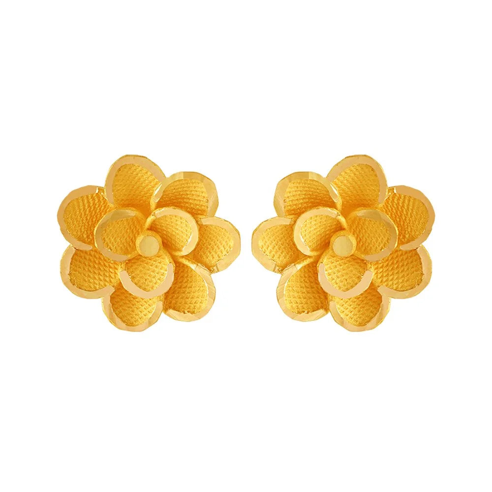 Ladies engraved earrings-22KT (916) Yellow Gold Floral Stud Earrings With Textured Petals