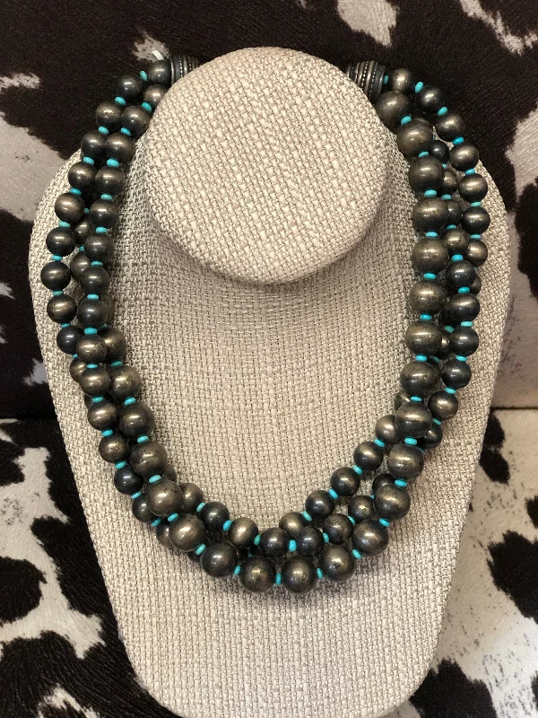 Ladies vintage necklace-Vintage/Dead Pawn Sterling Silver 3 Strand Navajo Pearls with Turquoise