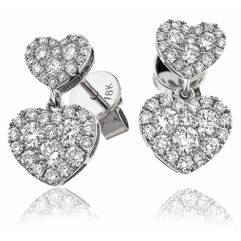 Ladies delicate earrings-DIAMOND HEART-SHAPED CLUSTER DROP EARRINGS IN 18K WHITE GOLD